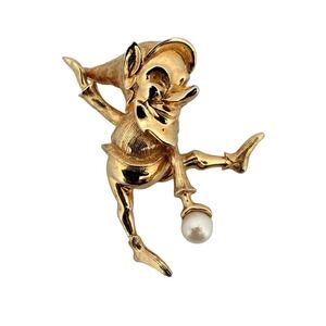 Vintage Marcel Boucher Gold Tone Pixie Elf Brooch Faux Pearl Signed 1950s